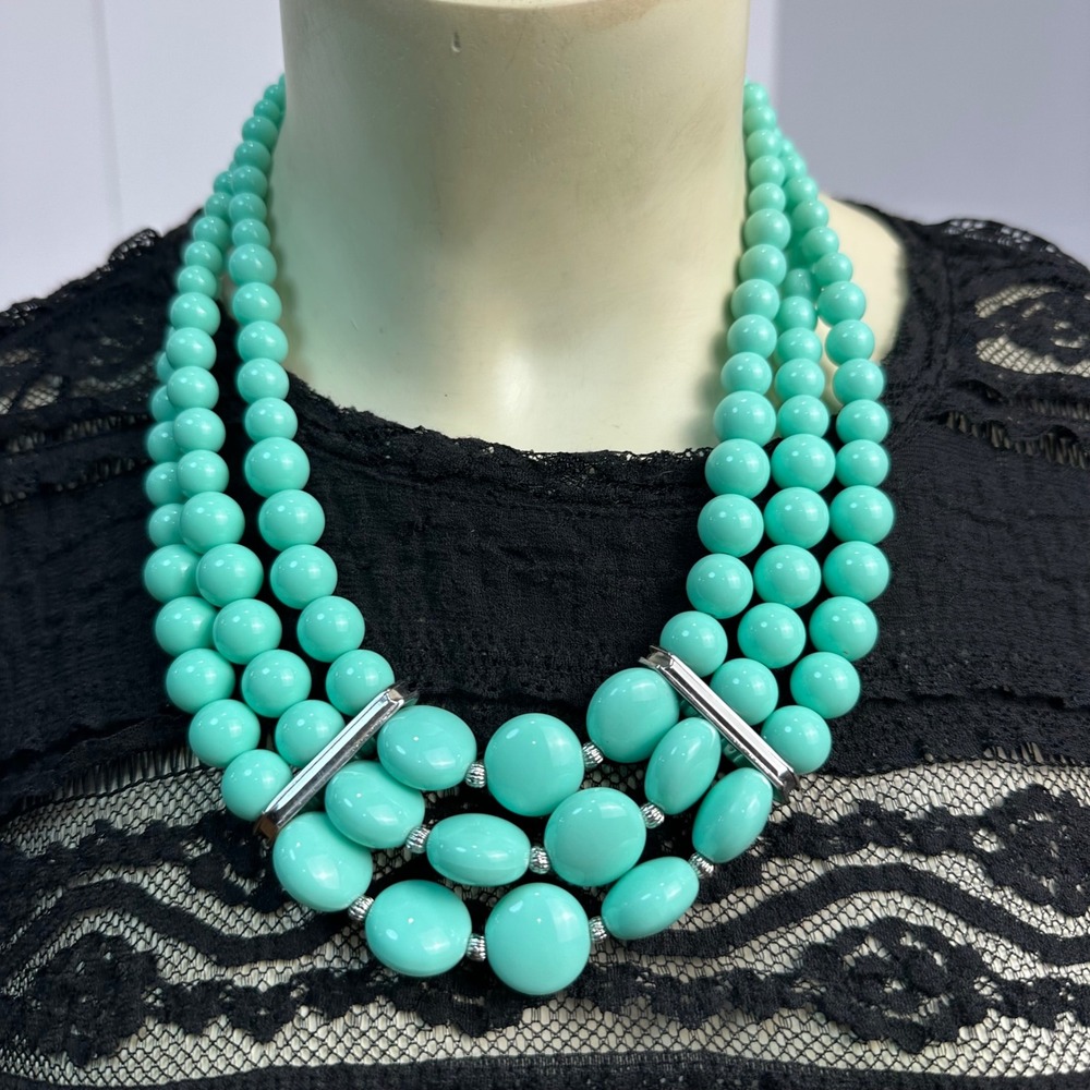 Aqua Color Triple Strand Bib Necklace Chunky Acrylic Bead Silver Tone Rhinestone